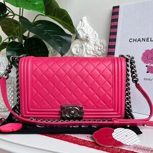 Authentic Chanel Old Boy Medium Lambskin Pink Quilted Crossbody Bag B0816